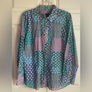 Talbots Multicolored Tulip Patchwork Print Button Up Shirt Size Large NWT